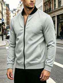 Minimalist Knit Baseball Jacket, Breathable Full Zip Sports Cardigan For Fitness And Running, Spring/Autumn - Black - View 1