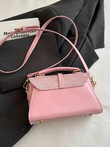Soft Pink Suede Patchwork Flap Crossbody Bag, Smooth Body, Short Top Handle, Round Gold Rotating Lock, Adjustable & Detachable Shoulder Strap - Pink - View 3