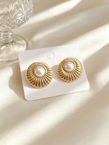 Y2K Vintage Minimalist Stainless Steel Women's Stud Earrings, High-Gloss Gold Base Flattering For Yellow Skin Tones, Fully Enclosed Pearl Inlay Resistant To Falling Off, Basic Accessory For School And Commute, Vintage Luxury Gift Box For Back To School, Suitable For Short Beach Trips, Campus, Workplace, Dates, Vintage Jazz Concerts, Elegant Niche Gift For Best Friend Or Girlfriend Who Prefers French Chic Style - Multicolor - View 1