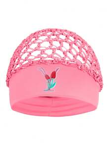 Floral Embroidered Letter Mesh Cap For Women - Personalized Initial Alphabet Elastic Wide Band Hair Bonnet, Crochet Hollow Out Night Sleep Hat - Pink - View 8