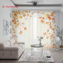 2PCS Wedding Room,Warm Home Decoration Window Screen,2D Printing Sheer Curtains,Semi Transparent Thin Gauze Curtains For Living Room And Bedroom,Orange Yellow Maple Leaf Autumn Watercolor Pattern,Pole Bag Design,Hanging Window Screen Through Pole - Multicolor - View 2