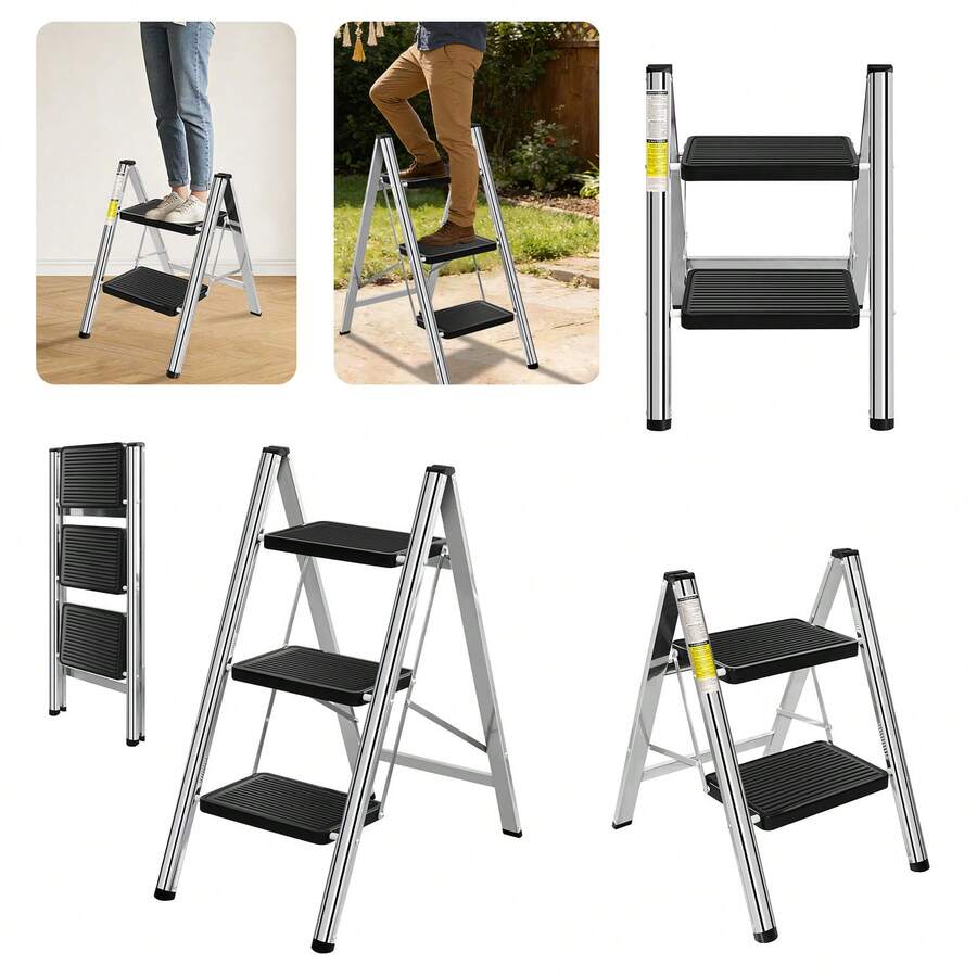 2 / 3 Step Ladder, Folding Step Stool With Anti-Slip Stable For Kitchen Home Adult, Double Side Folding Step Stool, 150KG Capacity Black - Stepladders - View 1