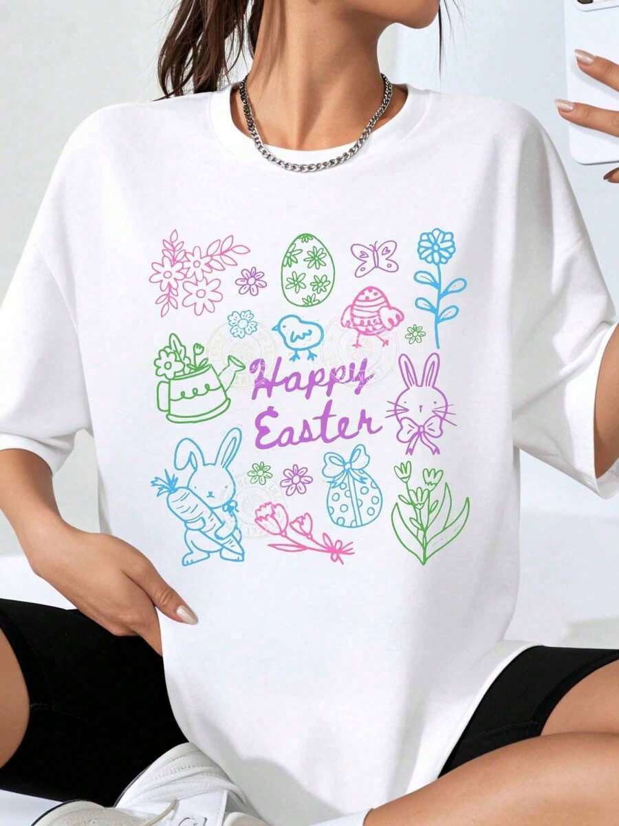 Happy Easter T-Shirt With Colorful Bunny Eggs And Flowers Design For Women Spring Holiday Casual Wearsoft - Putih - View 1