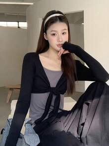 Kaos Lengan Panjang Wanita Baru Musim Semi, Abu-abu, Bahu Kotak, Desain Seksi, 2 in 1, Atasan Slim Fit - Warna gambar - View 2