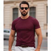 American Ribbed Fitted T-Shirt, Gringa Style, Slim Fit, Casual, Premium Men's Spring/Summer - Maroon - View 5