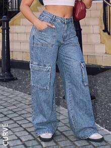 Plus Size Y2K Loose Straight Leg Jeans, Long Non-Stretch Denim Fabric With Practical Pockets And Zipper Fly - Dark Wash - View 4