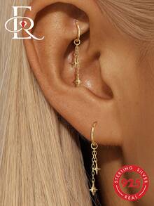 EleRunis 1PC 925 Sterling Silver Dainty Polar Star Dangle Rook Hoop Earrings Cartilage Helix Piercing Fine Jewelry For Daily Wear Wedding Party Valentine's - Gold - View 1