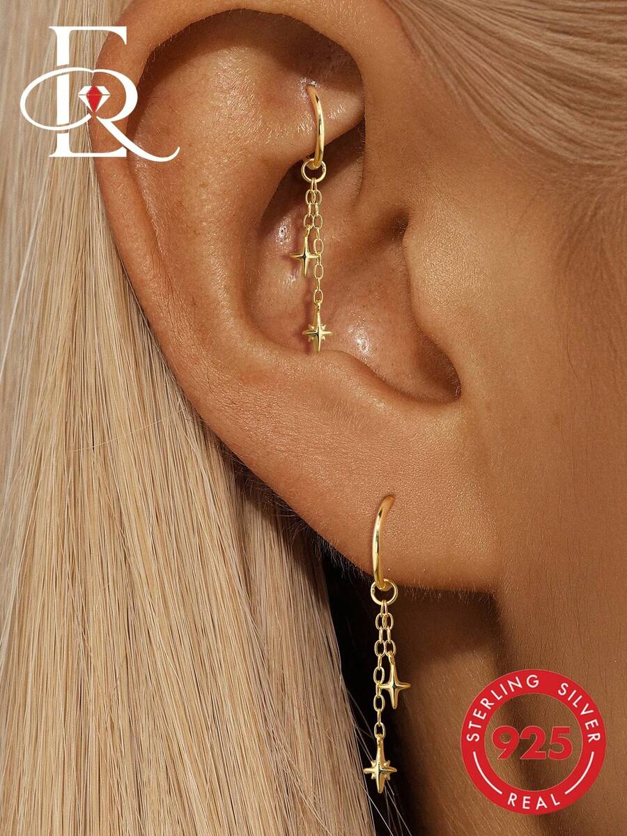 EleRunis 1PC 925 Sterling Silver Dainty Polar Star Dangle Rook Hoop Earrings Cartilage Helix Piercing Fine Jewelry For Daily Wear Wedding Party Valentine's - Gold - View 1