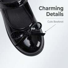 Girls' Glossy Black Bow Mary Jane Shoes, Hook And Loop Easy-On Flat Shoes, Suitable For School, Performance, Formal Occasions - Black - View 5