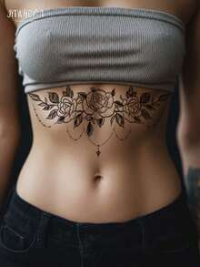 4pcs/2pcs/1pc Y2K Large Spine & Floral Temporary Tattoo Stickers, Waist & Abdomen Fake Tattoos, Waterproof Sweat-Proof Realistic Back Tattoos, Floral Spine Line Tattoo Stickers For Women, Matte Texture, Summer Bikini Style Floral Waist Spine Back Temporary Tattoos, Exquisite Dotted Plant Long Strip Waterproof Realistic Tattoo Stickers, Suitable For Vacation Beach Christmas & Music Festival - Black - View 5