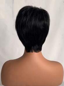 Women's Short Straight Human Hair Wig, 6 Inch Natural Black Brazilian Hair, 150% Density, Full Machine Made - Natural Black - View 5