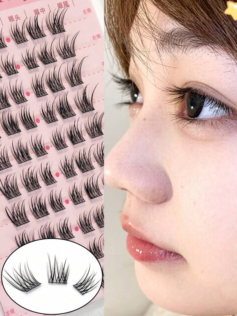 60 Clusters Natural Cartoon Style False Eyelashes, C Curl, Baby Curl Cartoon Eyelashes, Lively And Natural, Mixed Length 9-13mm, Thickness 0.07mm, Suitable For Beginners, DIY Eyelashes, Cluster False Eyelashes, Segmented Eyelashes - C - View 1