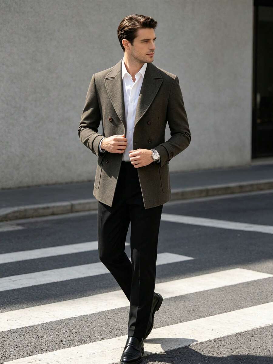 Furuyal Men's Business Trenchcoat, Double-Breasted, Formal Wear, Olive ...