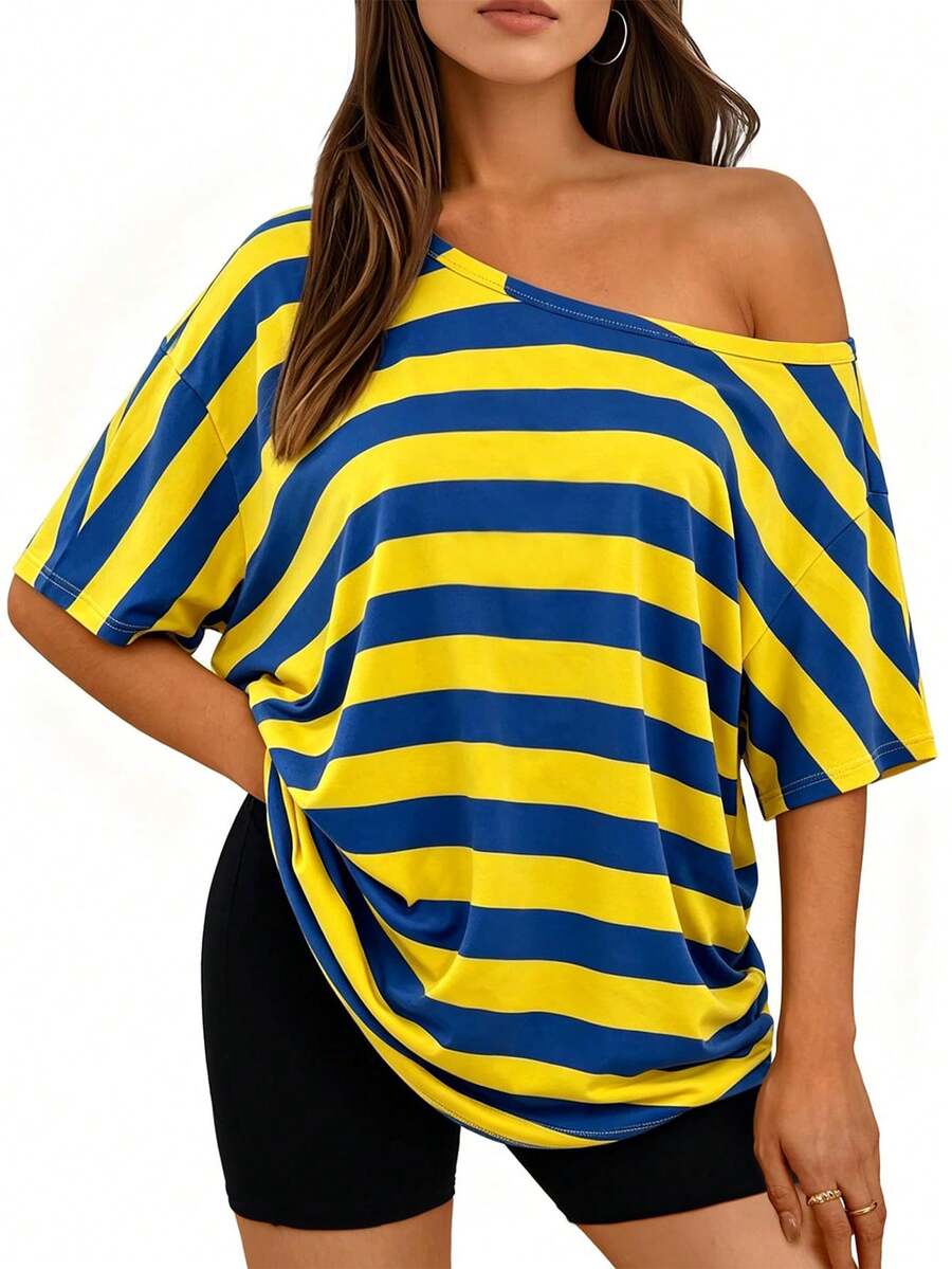 Speed mate One Shoulder Striped T-Shirt With Bold Horizontal Pattern Casual Oversized Top Sports - Multicolor - View 1