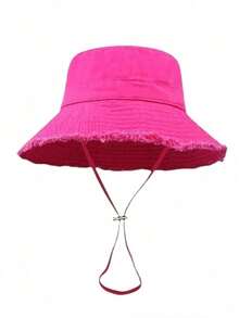 1pc Women's Drawstring Brim Bucket Hat, Outdoor Bucket Hat With Adjustable Chin Strap, Fuzzy Trim Design, Soft Fabric, Windproof, Fashionable, Suitable For Travel, Beach, Seaside Leisure, Daily Use - Multicolor - View 4