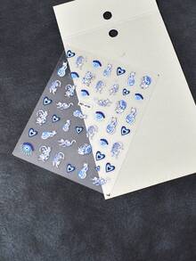 1pc Blue Floral Cat Evil Eye Nail Stickers Gradient Heart Nail Sliders Self-Adhesive Disposable Embossed Nail Decor INS Style Suitable For Holiday Party Daily - 彩色 - 查看 6