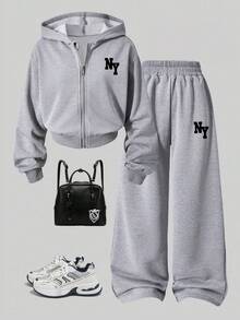 Set Kasual Hoodie dan Celana Motif Huruf untuk Remaja Perempuan - Grey - View 1