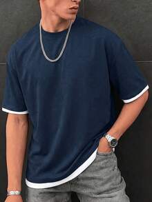 Men's Summer Fashion Versatile T-Shirt, Contrast Color 2 In 1 Design, Regular Crew Neck, Breathable Knit Fabric, Suitable For Daily Wear - Navy Blue - View 5