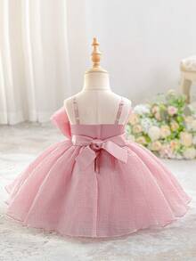 Baby Girls Spaghetti Strap Ruched Bow Starry Tulle Cute Birthday Princess Dress, Suitable For Party, Wedding Flower Girl, Vacation, Without Headband - Dusty Pink - View 2