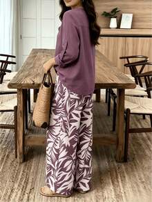Women's 2 Piece Outfits, Long Sleeve Henley Top & Tropical Print Wide Leg Pants Set, Casual Loose Loungewear For Vacation, Beach, Daily Wear - 紫色 - 查看 4
