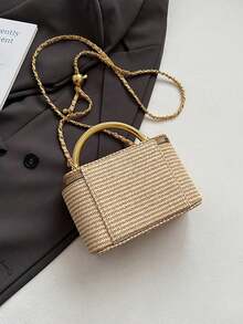 1pc Minimalist Casual Versatile Woven Straw Lunch Box Bag, Small Chain Shoulder Crossbody Bag - 卡其色 - 查看 7