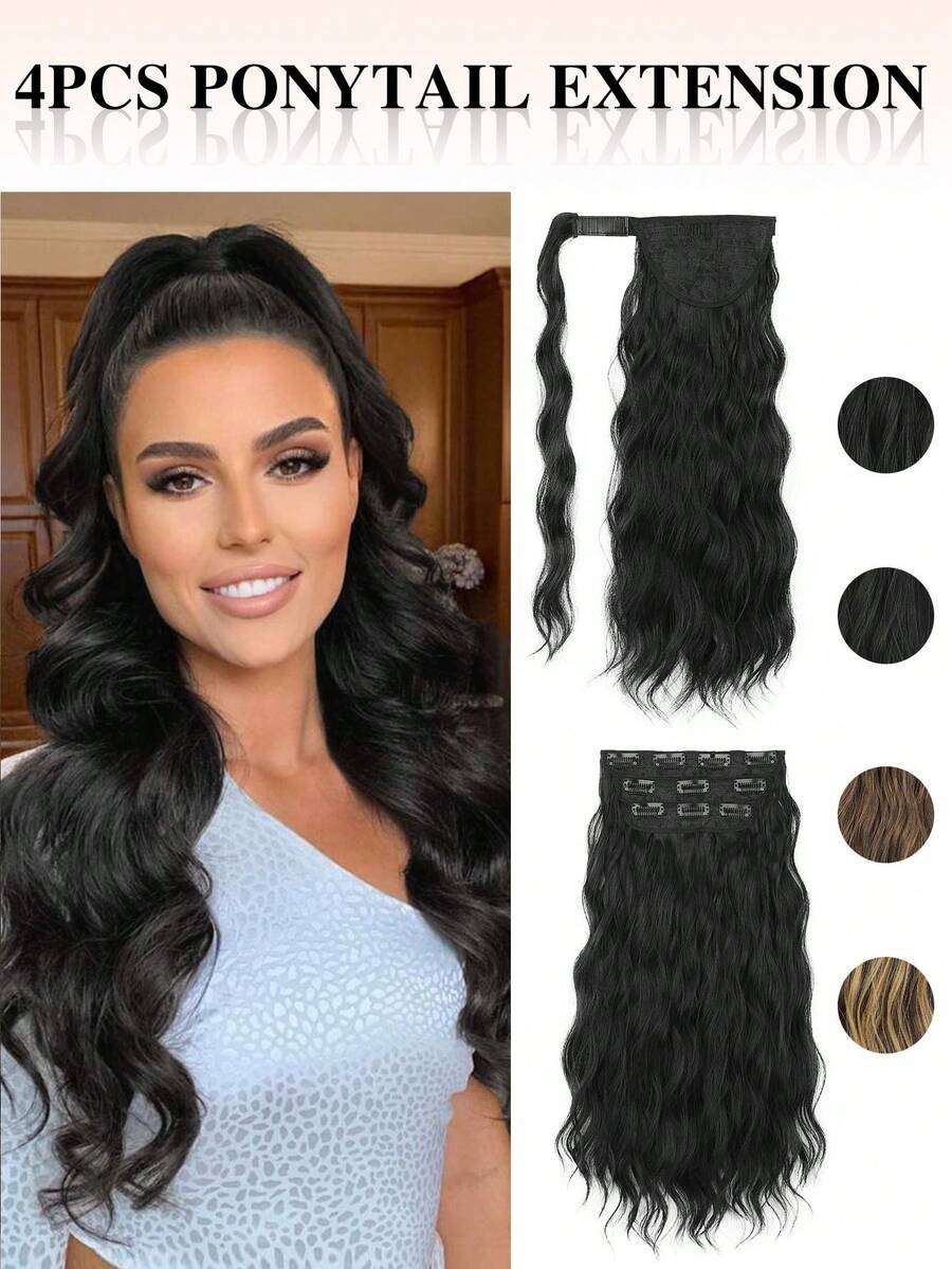 nimoki 4pcs/Set Half-Up Half-Down Ponytail Hair Extensions, 20 Inch Long Wavy Clip-In Hair Pieces, Wrap-Around Ponytail, Heat-Resistant Synthetic Fiber, Suitable For Women And Girls, Party And Daily Use - Multicolor - View 1