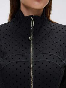 KyrLssu Women's Polka Dot Zipper Stand Collar Long Sleeve Slim Fit Pocket Jacket - Black - View 4