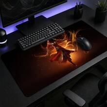 Red Cloak Hooded Mage Golden Flame Large Gaming Desk Mat, Dark Background Magic Character Print Non-Slip Rubber Extended Mouse Pad, Waterproof Long Keyboard Pad, Gaming Computer Desktop Decoration - View 4