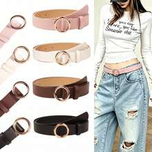 Korean-Style Gentle Pink Thin Waist Belt, Minimalist Single-Loop Design, Exquisite And Compact. Soft And Smooth Leather Texture, Perfect For Daily Matching With Dresses And Shirts. Slim Belt Body Without Bulk, Easily Accents Your Outfit, Creating A Fresh And Sweet Look, Versatile And Practical For Casual Outings And Daily Commuting. - Gold Round Buckle - View 2