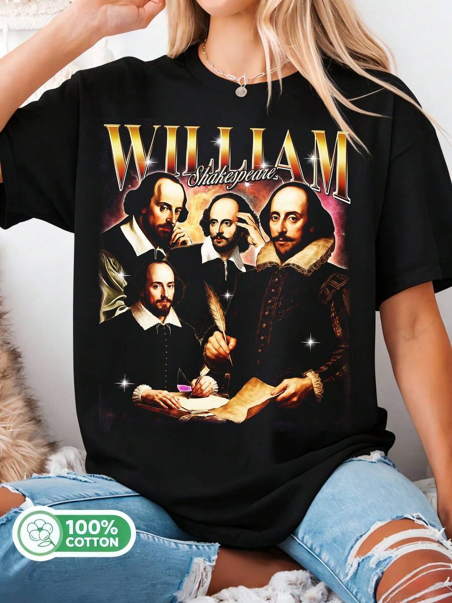 Vintage William T-Shirt, Dark Academia Tee, 90's Retro Bootleg Graphic Tee, Romeo And Juliet Merchandise, Gift For Romeo And Juliet Lovers. - 黑色 - 查看 1
