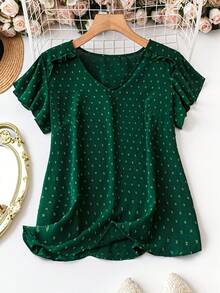 Blus Jacquard Hijau Tua Wanita Leher V Berkerut Lengan Pendek Longgar Pas Ramping Kemeja Komuter Liburan Musim Panas - Dark Green - View 7