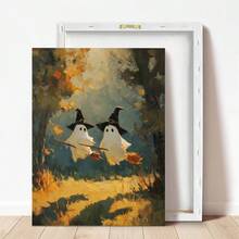 1pc Canvas Wall Art, Framed Wall Decor, Vintage Oil Painting Of Two Ghosts Wearing Wizard Hats And Riding Brooms In Autumn Forest, Atmospheric Halloween Canvas Poster, Dark Academia Vintage Aesthetic Wall Decor, Suitable For Modern Home Decoration - Ghost Witch - View 4