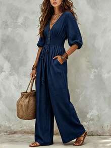 2026 New Cream White Puff Sleeve Drawstring Waist Jumpsuit, Lazy Drape Vacation Style Outfit, Cream Color Tie Waist Jumpsuit, Daily Commute Elegant Set, Cream White Pleated Design Jumpsuit, Casual Outing Street Style Set, Wide Leg Jumpsuit, Tie Waist Jumpsuit, Puff Sleeve Jumpsuit, V-Neck Front Button Layered Pleated Design, Loose Casual Fit, Minimalist Unique Style, Vacation Style, Gentle Girl Feeling, Quiet Luxury Style, Bohemian Elegant Style, Plus Size Friendly, Suitable For Tall People - Navy Blue - View 7