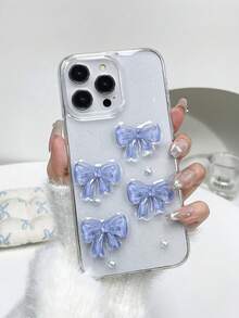 亮面冰藍蝴蝶結珍珠設計透明環氧樹脂手機殼，適用於 iPhone 17/17Air/17Pro/17ProMax/16/15/14/13/12/11/X/XS/XR/Mini/Pro Max/Pro/Plus，TPU 軟殼 - 藍色 - 查看 7