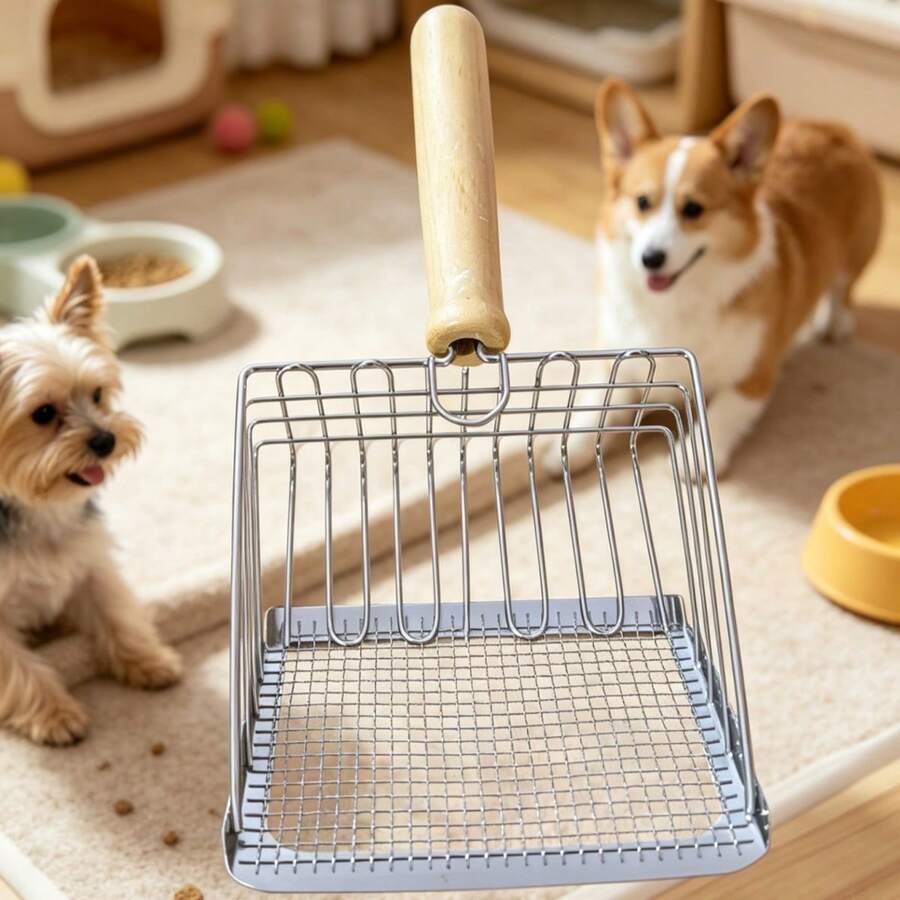 Sekop Kotoran Kucing Lubang Halus Baja Tahan Karat Sekop Khusus untuk Kotoran Kucing, Kotoran Tahu, Alat Kotoran Mineral Logam Besar 2-in-1 - Warna kayu - View 1