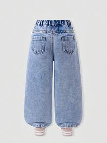 Pink Heart Hello Kitty Kids Baggy Jeans, Sanrio Bow Teddy Bear Letter Graphic Girls Fashion Denim Pants - Royal Blue - View 2