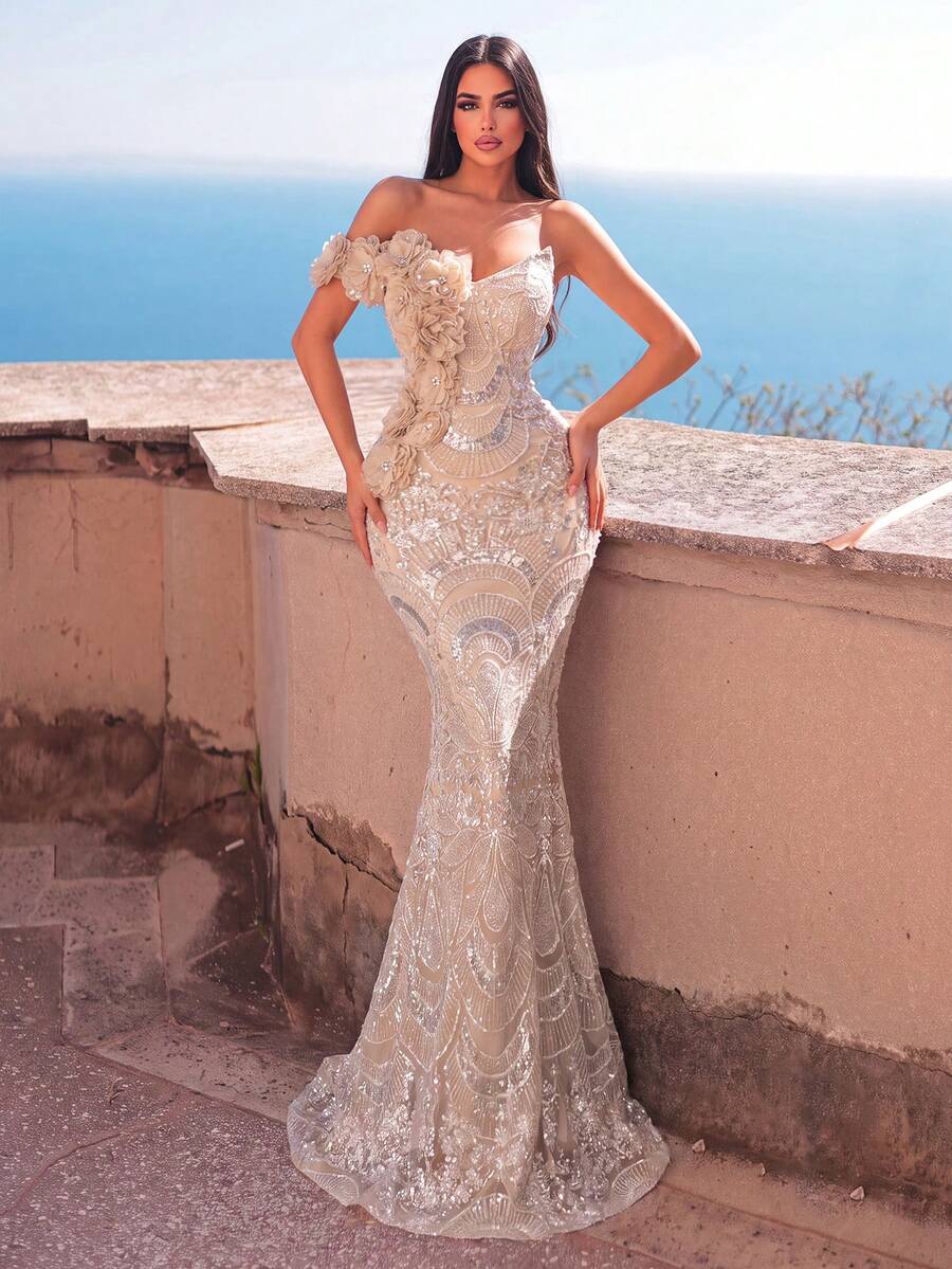 Faeriesty Elegant Women's Off Shoulder Sequins Mermaid Long Formal Dress With 3D Roses And Beading, Glamorous Evening Gown For Prom Events Party Wedding Fall