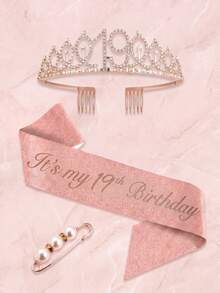 3rd To 100th Milestone Birthday Tiara & Sash Set With Pearl Brooch, Rose Gold Crystal Crown, Birthday Party Decorations Gift For Women & Girls - Multicolor - View 16