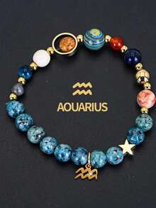Natural Stone Beaded Bracelet, Zodiac Sign Bracelet, Natural Stone Beaded Chain, Solar System Bracelet, Suitable For Daily Wear, Party Accessory - Multicolor - View 12