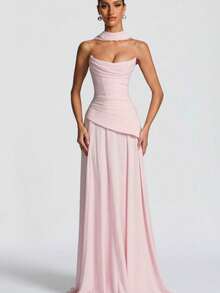 Women's Strapless Satin Corset Mini Dress - Draped Ruched Bodycon With Detachable Sash, Elegant For Party Cocktail & Wedding Guest - Pink - View 1