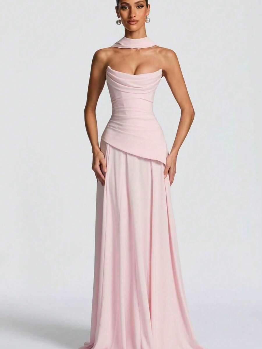 Women's Strapless Satin Corset Mini Dress - Draped Ruched Bodycon With Detachable Sash, Elegant For Party Cocktail & Wedding Guest - Pink - View 1