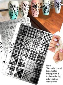 satki Placas de estampado de arte de uñas con cuadros, rayas, textura ondulada, letras en inglés, líneas geométricas de estilo francés, plantillas de transferencia profesionales para artistas de uñas, herramientas de arte de uñas - Multicolor - Ver 2
