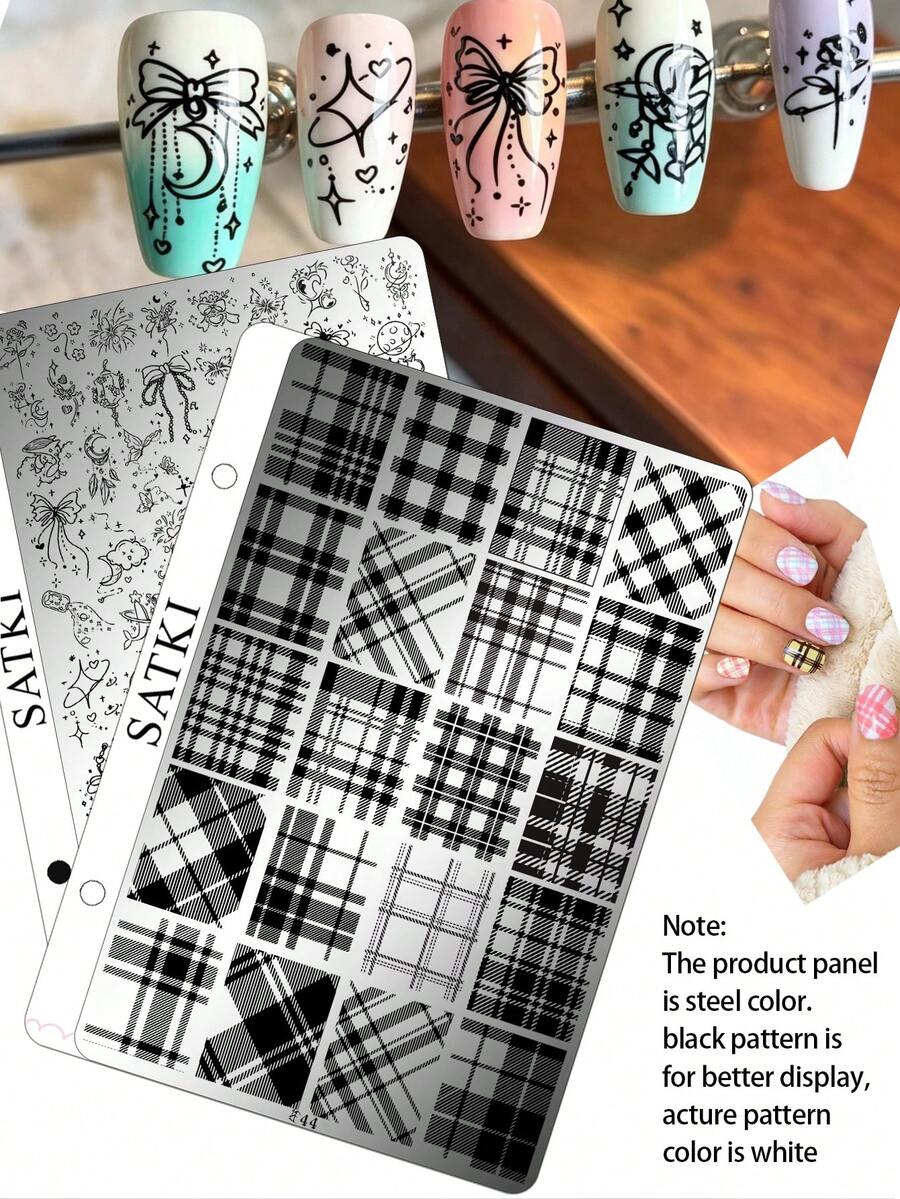 satki Placas de estampado de arte de uñas con cuadros, rayas, textura ondulada, letras en inglés, líneas geométricas de estilo francés, plantillas de transferencia profesionales para artistas de uñas, herramientas de arte de uñas