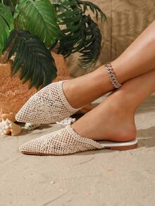 HGUIGJ Women's Pointed Toe Hollow Woven Mule Slippers, Beige Mesh Floral Woven Craft, Fresh Vacation Style, Suitable For Spring/Summer Beach, Travel And Daily Wear - Apricot - View 2