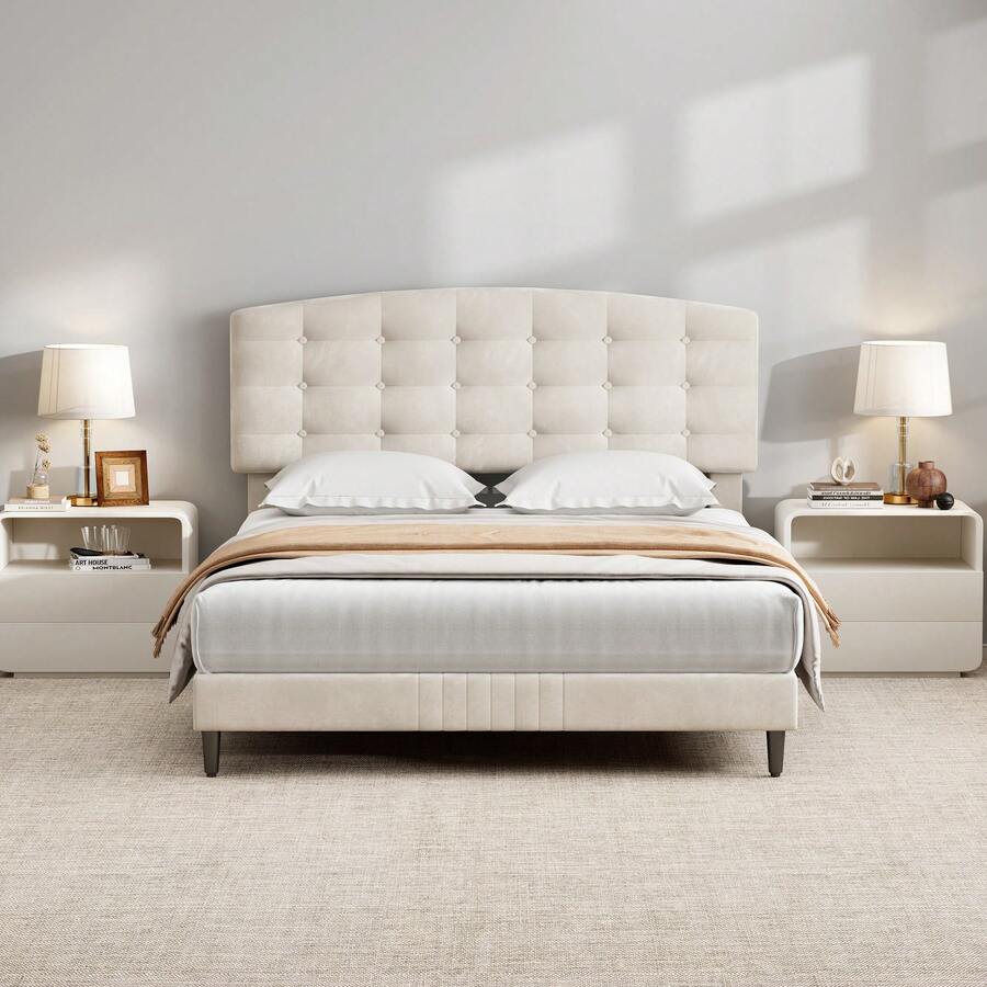 MCC Direct Upholstered Bed Frame With Cozy Button Tufted Headboard & Adjustable Height, Wood Slat Support, No Box Spring Needed - Cheyenne - Beige - View 1