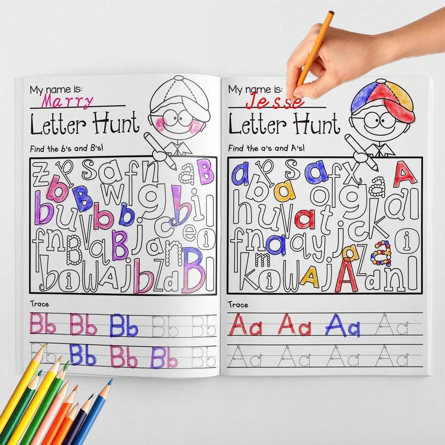Englisch Buchstaben Übungsbuch Buchstaben nachzeichnen, einfache Wörter buchstabieren und Seiten ausmalen, Handschrift, Buchstabenerkennung, Wortschatz und frühe Lesefähigkeiten entwickeln - Alphabet-Arbeitsbuch - Übersicht 1