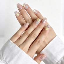 10 piezas de uñas postizas cuadradas con base nude translúcida, flores amarillas y azules pintadas a mano, dijes curvos plateados y pequeños acentos de strass, estilo fresco y elegante, uñas acrílicas press-on hechas a mano reutilizables con pegamento de gel, adhesivo y lima para mujeres - Multicolor - Ver 4