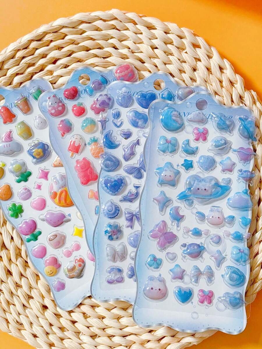 Cute 3D Embossed Ocean Shell & Starfish Crystal Resin Stickers, Suitable For Scrapbooking, Phone Case Decoration, Solid Color Stickers