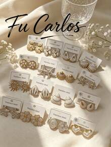 Juego de 24 piezas de pendientes de acero inoxidable blanco, pendientes asimétricos con diseños geométricos de flores y corazones para mujeres, joyería de moda para vacaciones de verano en la playa - Multicolor - Ver 6