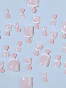 24pcs Women's French Style Fake Toenails, Pink & White Full Coverage Thick Toenail Stickers, Suitable For DIY Nail Art - Baby Pink - View 2